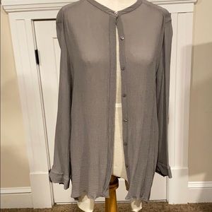 Grey Eileen Fisher button up shirt.
